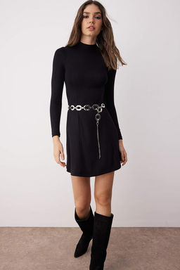 Siyah Duz K?sa/Mini Skater/Belden Ac?lan Orme Elbise TWOAW26EL00039