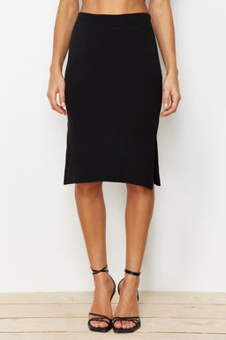 Siyah Cift Y?rtmacl? Vucuda Oturan Yuksek Bel Fitilli Esnek Midi Orme Etek TWOSS22ET0250 - Trendyolmilla фото 4