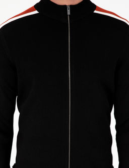 Siyah Slim Fit Y_n Kar___ml_ Fermuarl_ Triko H_rka