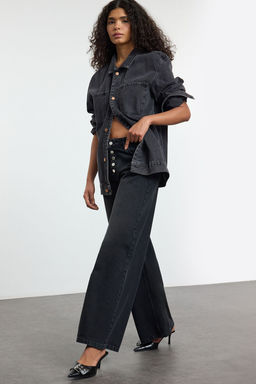 Siyah Onden Dugmeli Dusuk Bel Wide Leg Jeans TWOSS25JE00004 - Trendyolmilla фото 2