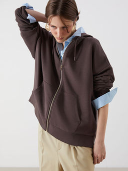 Kap??onlu Oversize Kad?n Fermuarl? Sweatshirt