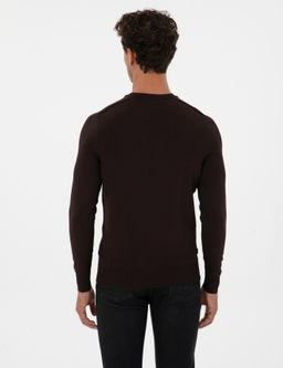 Koyu Kahverengi Slim Fit Bisiklet Yaka Triko Kazak