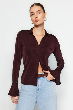 TRENDYOLMILLA Kahverengi Premium Parlak Yuzeyli ve Yumusak Dokulu Polo Yaka Dugmeli Orme Gomlek TWOAW24GO00194  фото 3