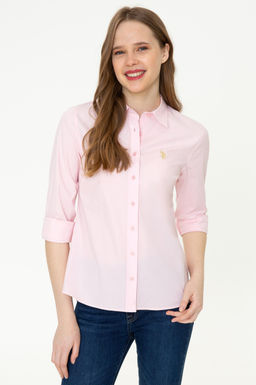 Женская базовая рубашка пудрового цвета с длинным рукавом Неожиданная скидка в корзине