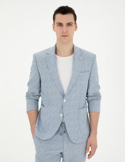 A__k Mavi Slim Fit Keten Kar___ml_ _izgili Tak_m Elbise