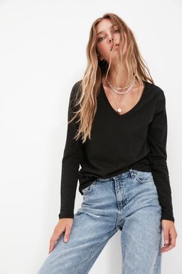 TRENDYOLMILLA Siyah %100 Pamuk Regular/Normal Kal?p Basic V Yaka Uzun Kollu Orme T-Shirt TWOAW21TS0099  фото 9