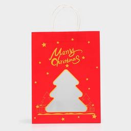 Пакет подарочный бумажный с окном «Ёлка» 26×35×16 см, крафт красный