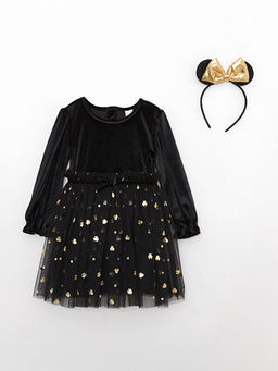 Bisiklet Yaka Uzun Kollu Basic Kadife K?z Bebek Elbise ve Ta? 2li Tak?m