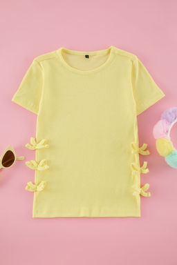 Sar? K?z Cocuk Pamuklu Regular Kal?p Fiyonk Detayl? K?sa Kol Orme T-Shirt TKDSS25TS00048 - Trendyolmilla фото 4