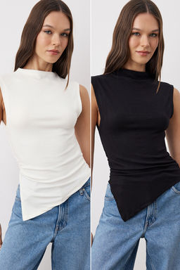 Siyah-Ekru 2li Paket Fitted/Vucuda Oturan Asimetrik Orme Bluz TWOSS25BZ00610