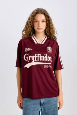 Harry Potter Oversize Genis Kal?p V Yaka Bask?l? K?sa Kollu Tisort