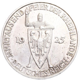 Монета 5 рейхсмарок 1925 года F Германия Тысячелетие Рейнской области (Рейнланда)