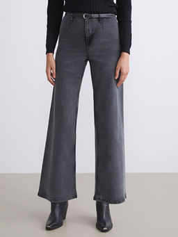 Beli Kemerli Wideleg Kad?n Jean Pantolon