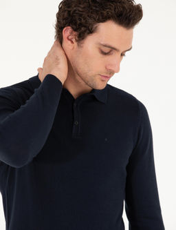 Базовый трикотажный свитер узкого кроя темно-синего цвета с воротником-поло - Cacharel фото 9