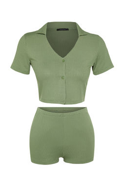 Trendyolmilla Lila Fitilli Crop Sortlu Orme Pijama Tak?m? THMSS22PT0308