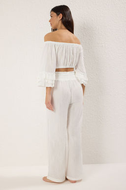 Plaj Giyim %100 Pamuk Ekru Dokuma Volanl? Yuksek Bel Bluz-Pantolon Tak?m TBESS25AU00107 - Trendyolmilla фото 4