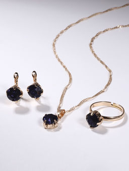 Гарнитур 3 предмета: серьги, кулон, кольцо безразмерное Эдель бусинка, цвет синий в золоте, 45 см