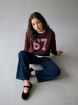 Bisiklet Yaka Bask?l? K?z ?ocuk Kal?n Sweatshirt