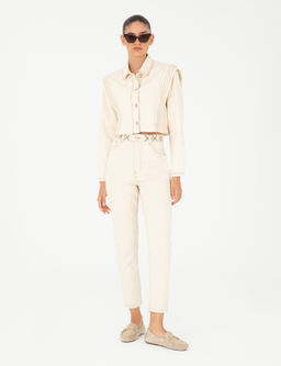 Ekru Mom High Waist Fit Jean Pantolon