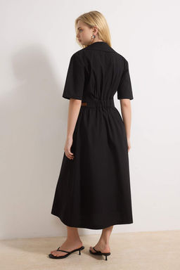 Siyah Duz Etegi Belden Ac?lan Midi Dokuma Elbise TWOSS25EL00060