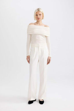 Облегающая повседневная футболка с открытыми плечами в рубчик с длинными рукавами - Defacto фото 2