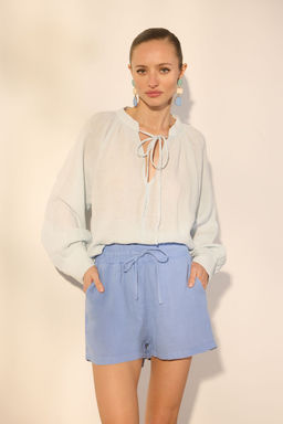 Mavi %100 Keten Beli Lastikli Yuksek Bel Sort TWOSS23SR00319