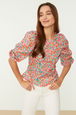 Ekru Balon Kol Cicek Desenli Crop Dokuma Bluz TWOSS22BZ0193 - Trendyolmilla фото 2