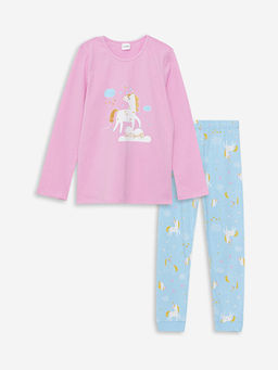 Bisiklet Yaka Bask?l? Uzun Kollu K?z ?ocuk Pijama Tak?m?
