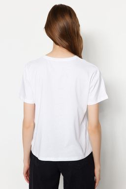 Beyaz %100 Pamuk Slogan Bask?l? Relaxed/Rahat Kesim Basic Bisiklet Yaka Orme T-Shirt TWOSS20TS0207