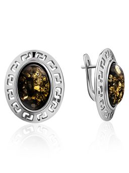 Серьги из серебра, украшенные вставками из натурального янтаря зелёного цвета Эллада