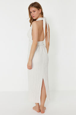 Plaj Giyim Ekru Dokuma S?rt Dekolteli Maxi Elbise TBESS24EL00096