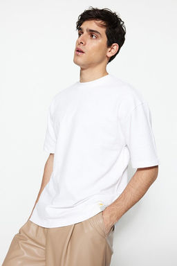 Beyaz Oversize %100 Pamuklu Etiketli Dokulu Basic Kal_n Tok T-Shirt TMNSS23TS00074