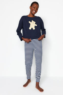 Trendyolmilla Lacivert %100 Pamuklu Ay?c?kl? Orme Pijama Tak?m? THMAW21PT0302