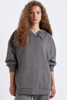 Oversize Genis Kal?p Kapusonlu Cepli Basic Duz Fermuarl? Sweatshirt - Defacto фото 4