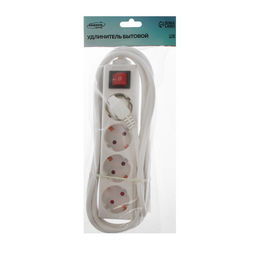 Удлинитель Luazon Lighting, 4 розетки, 3 м, 10 А, 2200 Вт, 3×1.5 мм2, с заземлением, с выключателем, белый