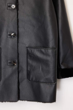 Siyah Suni Deri Ici Kurklu Mono Kapama Oversize Midi Kaban TWOAW26KB00007 - Trendyolmilla фото 8