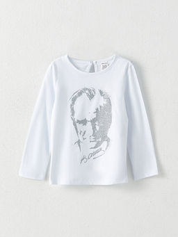 Bisiklet Yaka Uzun Kollu Atat?rk Bask?l? K?z Bebek Ti??rt