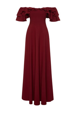 Bordo A-Kesim Volanl? Dokuma Uzun S?k Abiye Elbise TPRSS24AE00054
