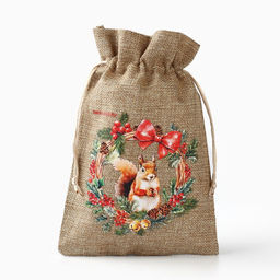 Цена за 5 шт. Мешочек подарочный с термонаклейкой «Новогодний венок», 16 х 24 см +/- 1.5 см