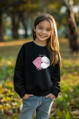 Siyah*001 K?z Cocuk Mevsimlik-Ince Kalp Desenli Orme Sweatshirt TKDAW25SW00001