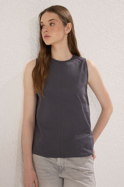 Antrasit %100 Pamuk Dikis Detayl? S?f?r Kol Bisiklet Yaka Orme Atlet TWOSS25AL00038