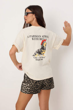 Ekru Bask?l? Oversize/Genis Kal?p K?sa Kollu Orme T-Shirt TWOSS26TS00292