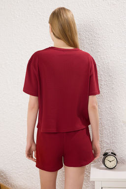 Trendyolmilla K?rm?z? Slogan ve Kalp Nak?sl? Waffle Sortlu Orme Pijama Tak?m? THMSS25PT00352 фото 5