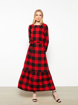 Bisiklet Yaka Ekose Uzun Kollu Gabardin Kad?n G?mlek Elbise