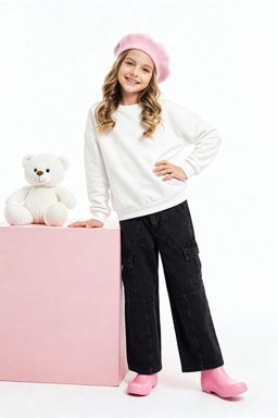 Siyah 100% Pamuk Kargo Cep Flare Ayarlanabilir Lastikli K?z Cocuk Denim Jeans TKDAW26JE00004