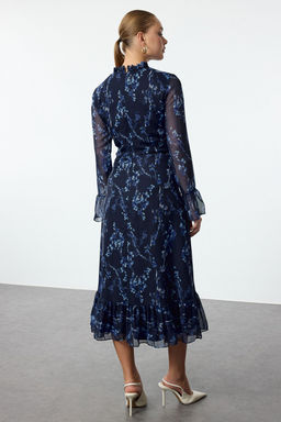 Mavi Cicek Desenli A Kesim Dik Yaka Midi Astarl? Sifon Dokuma K?sl?k Elbise TWOAW25EL00173