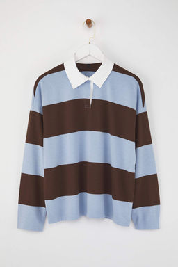 Kahverengi Cizgili Polo Yaka Oversize/Genis Kal?p Orme Sweatshirt TWOAW26SW00051