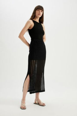 Regular Fit Y?rtmacl? Triko Orgu Midi Etek