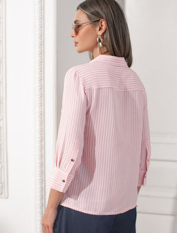 Блузка свободного силуэта в полоску с рукавом 3/4 из эластичного хлопка - Vilatte фото 4