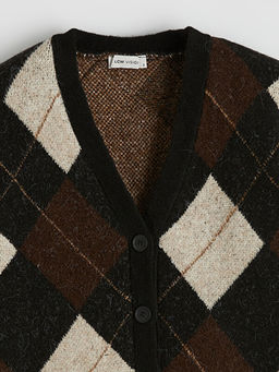 V Yaka Baklava Desenli Oversize Kad?n Triko H?rka